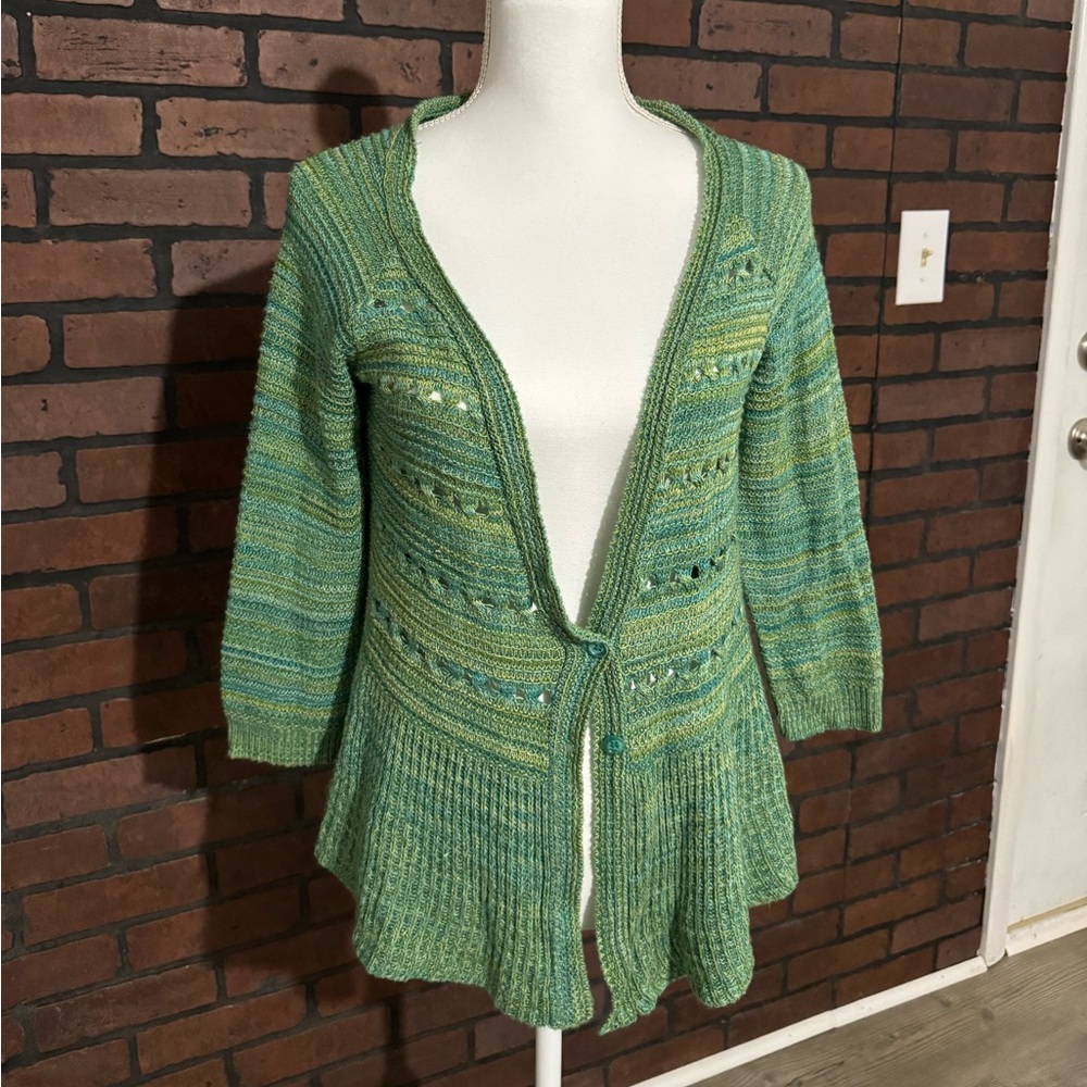 New Directions Open Knit Cardigan Sweater Small Green Boho USA Made